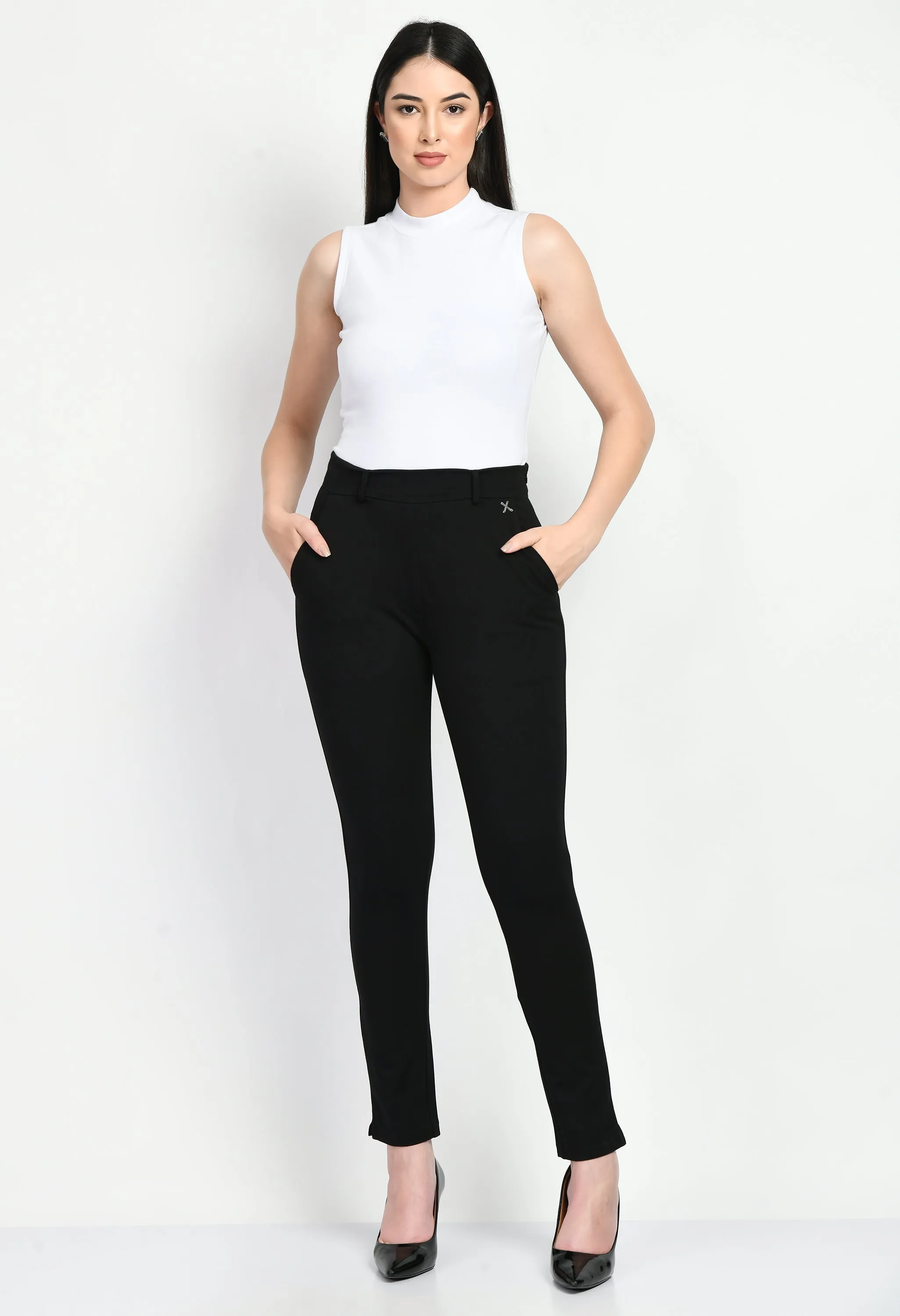 Black Cotton Blend Respect Solid Stretch Slim Trouser Only