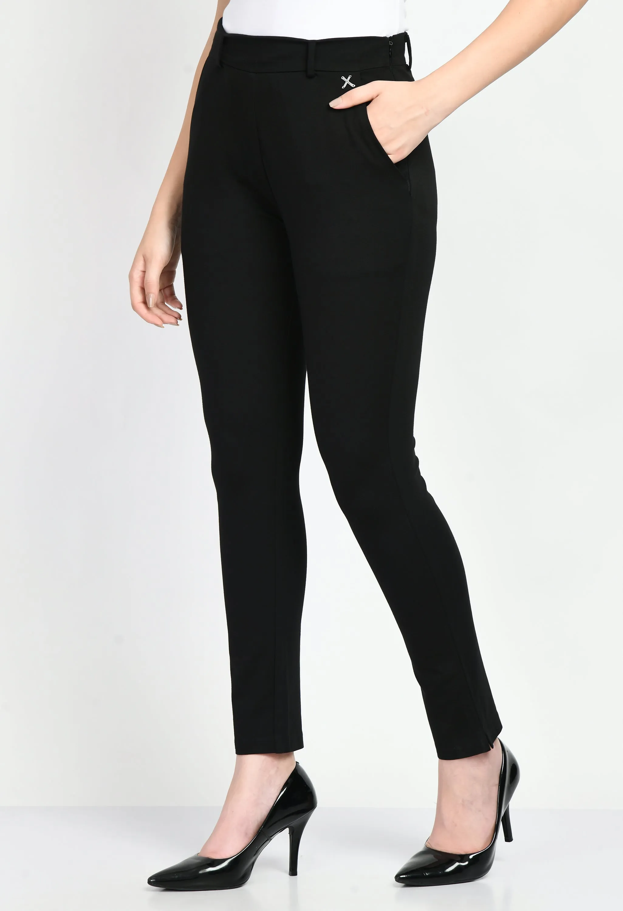 Black Cotton Blend Respect Solid Stretch Slim Trouser Only