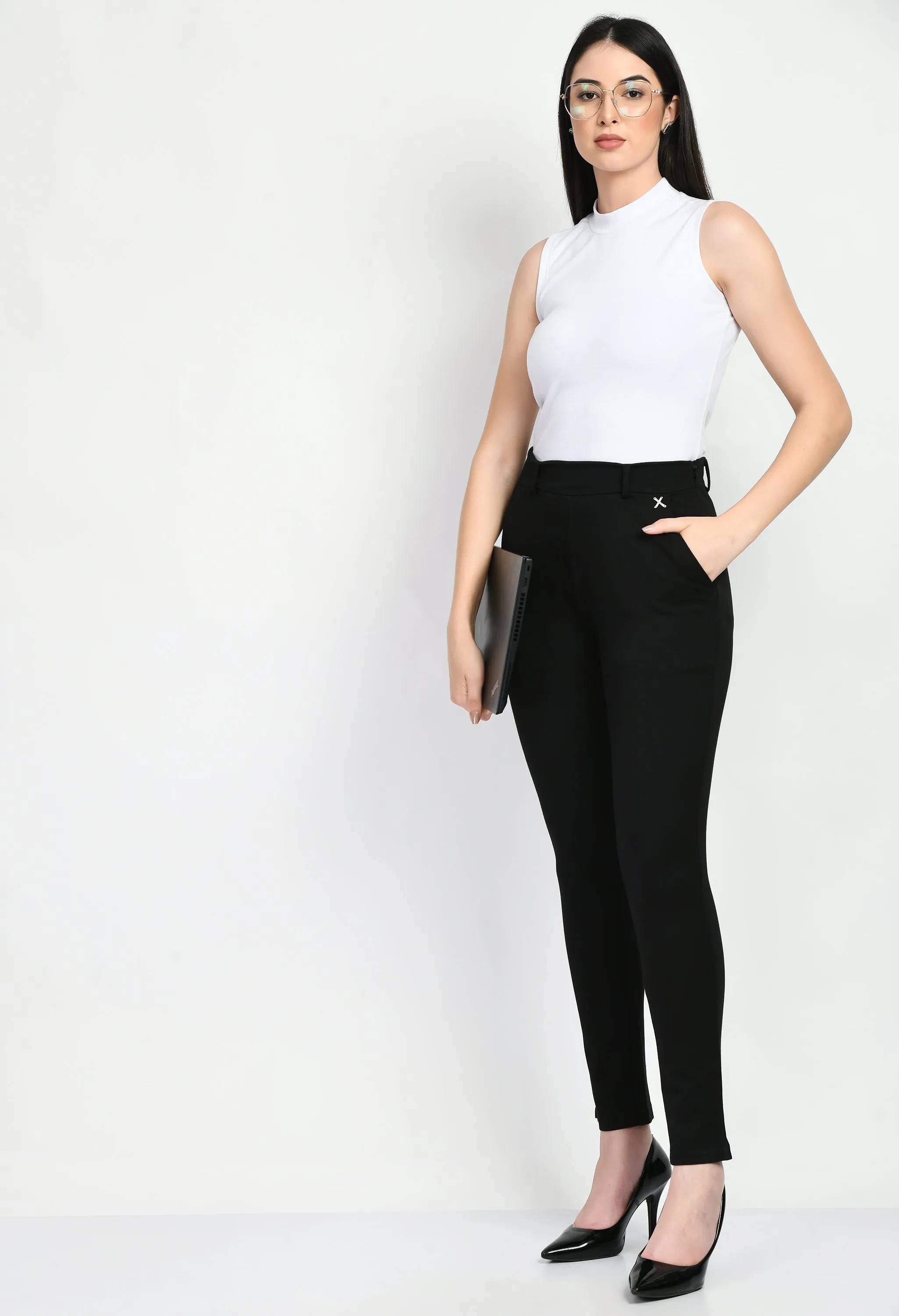 Black Cotton Blend Respect Solid Stretch Slim Trouser Only