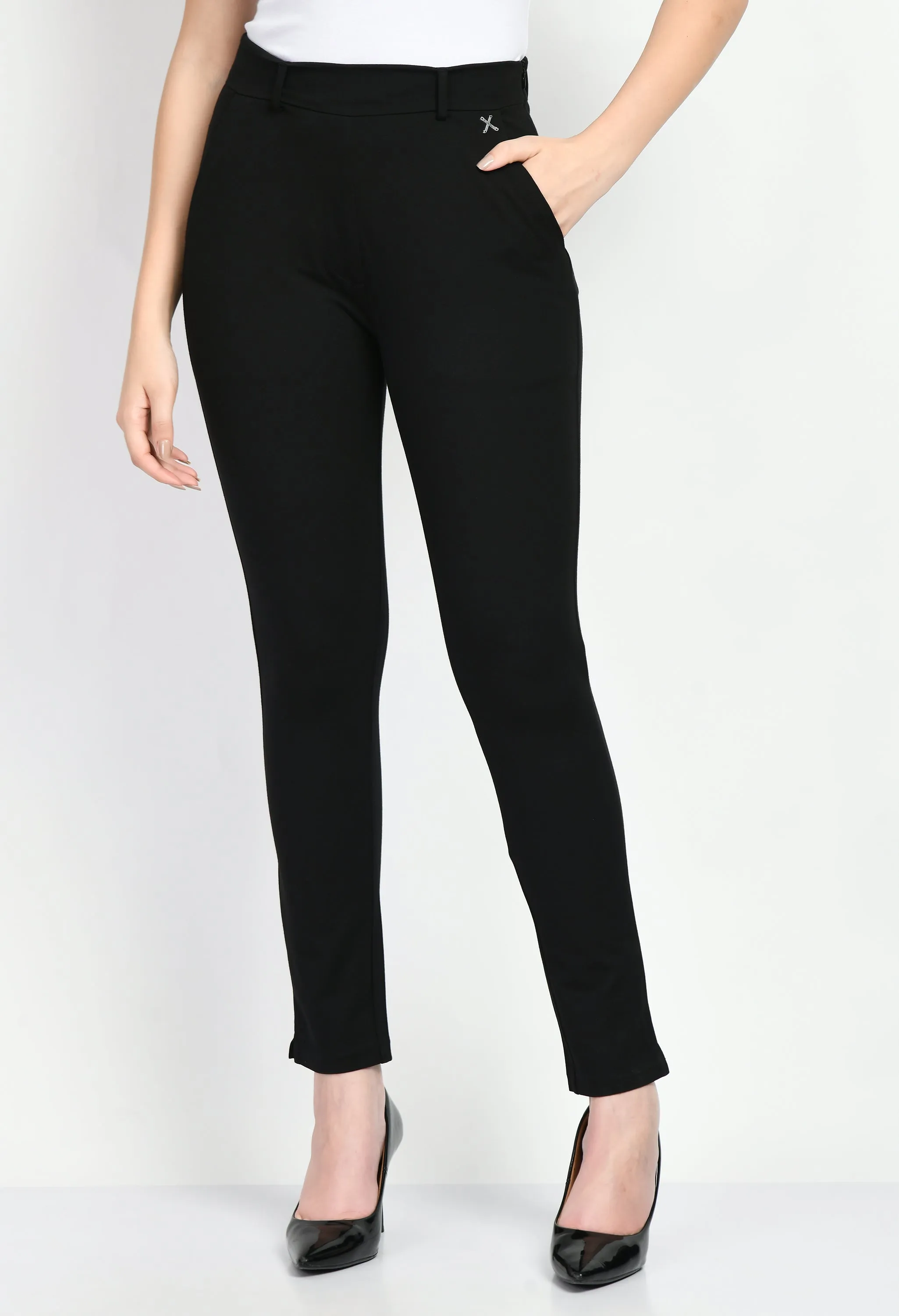Black Cotton Blend Respect Solid Stretch Slim Trouser Only