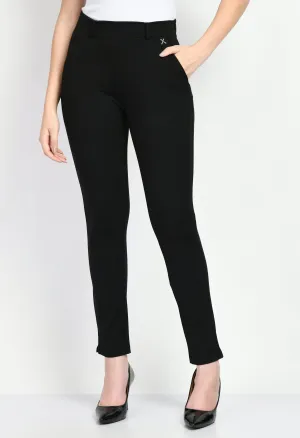 Black Cotton Blend Respect Solid Stretch Slim Trouser Only