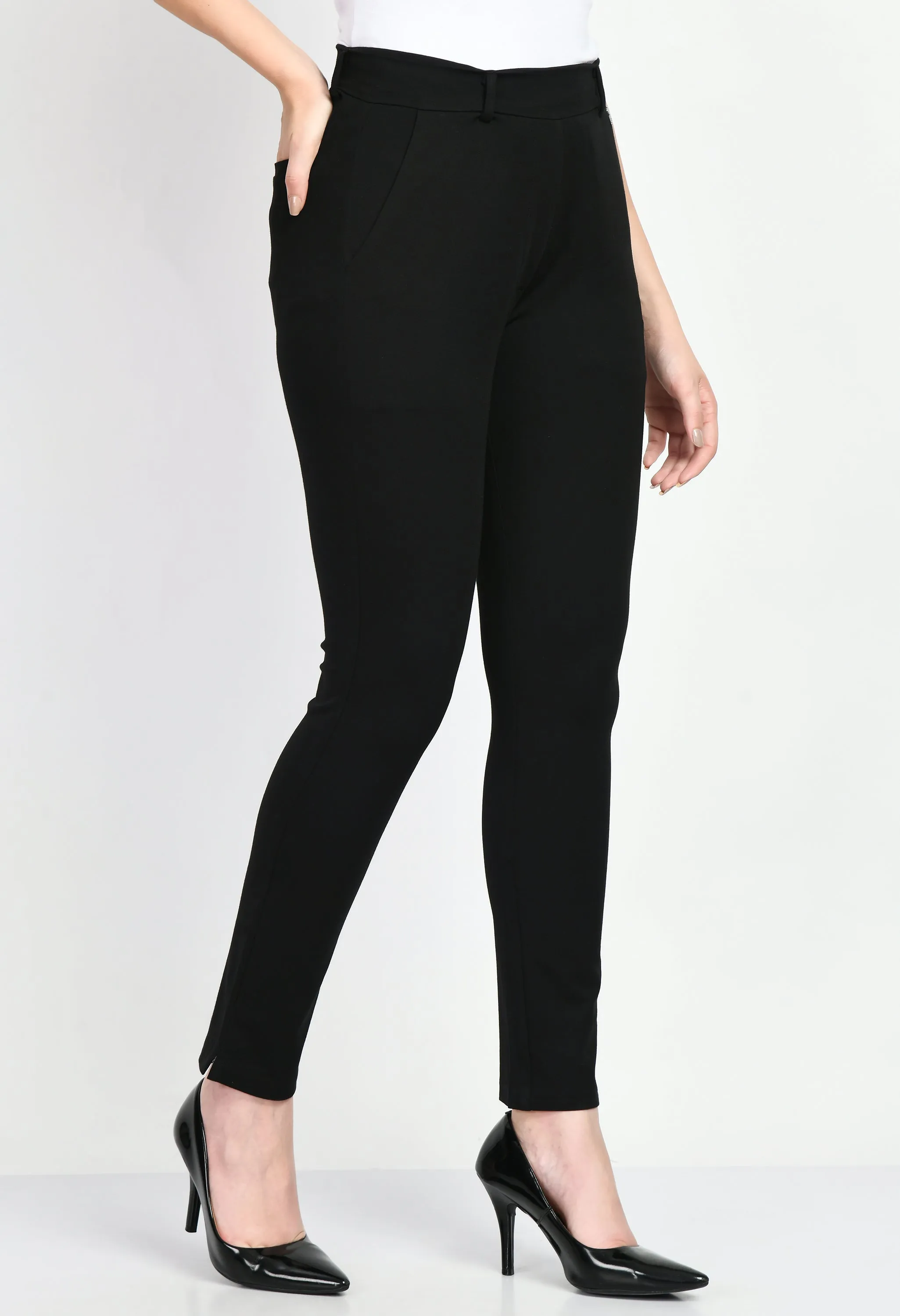 Black Cotton Blend Respect Solid Stretch Slim Trouser Only