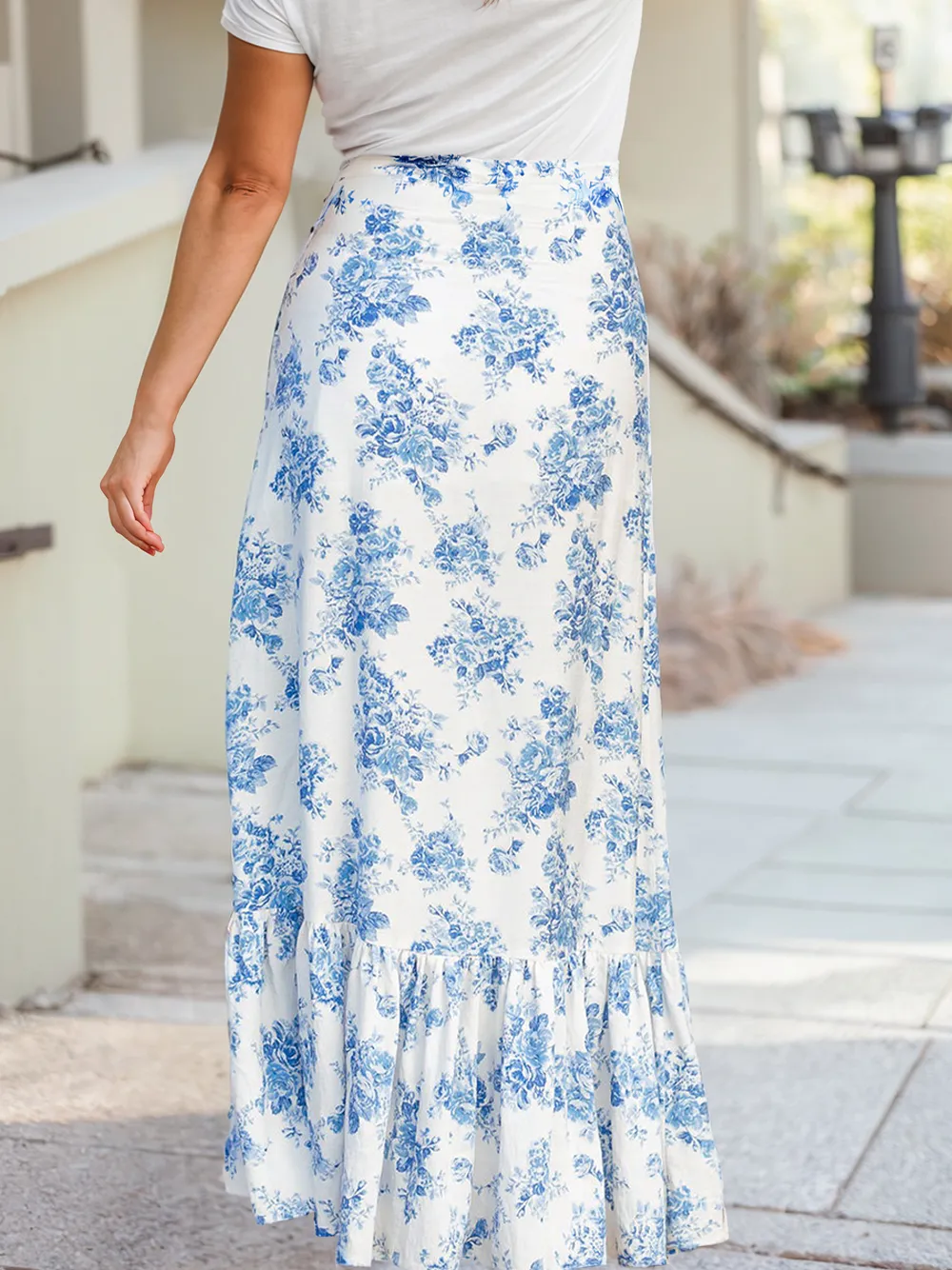 Blue Floral High Waist Ruffle Split Maxi Skirt