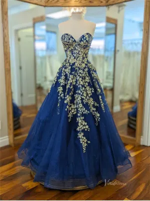 Blue Sparkly Tulle Prom Dresses with Floral Lace & Sweetheart Neck - FD5177