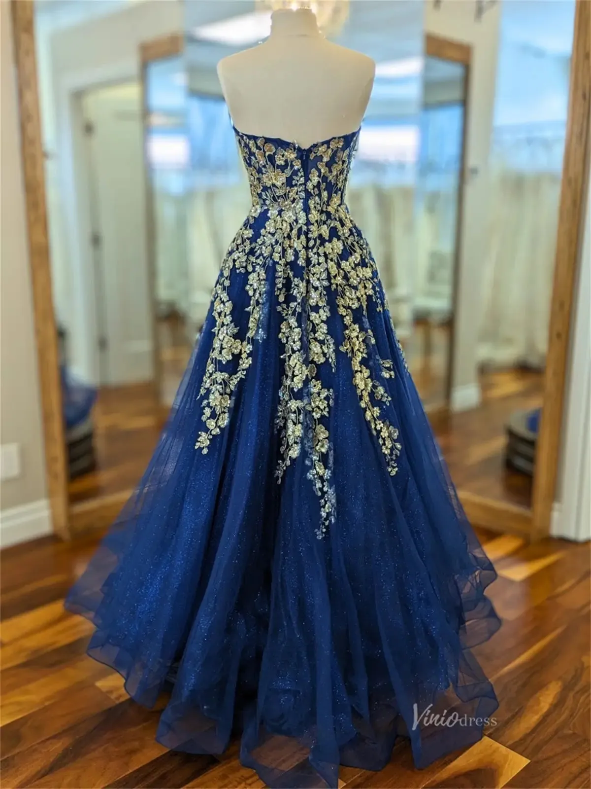 Blue Sparkly Tulle Prom Dresses with Floral Lace & Sweetheart Neck - FD5177
