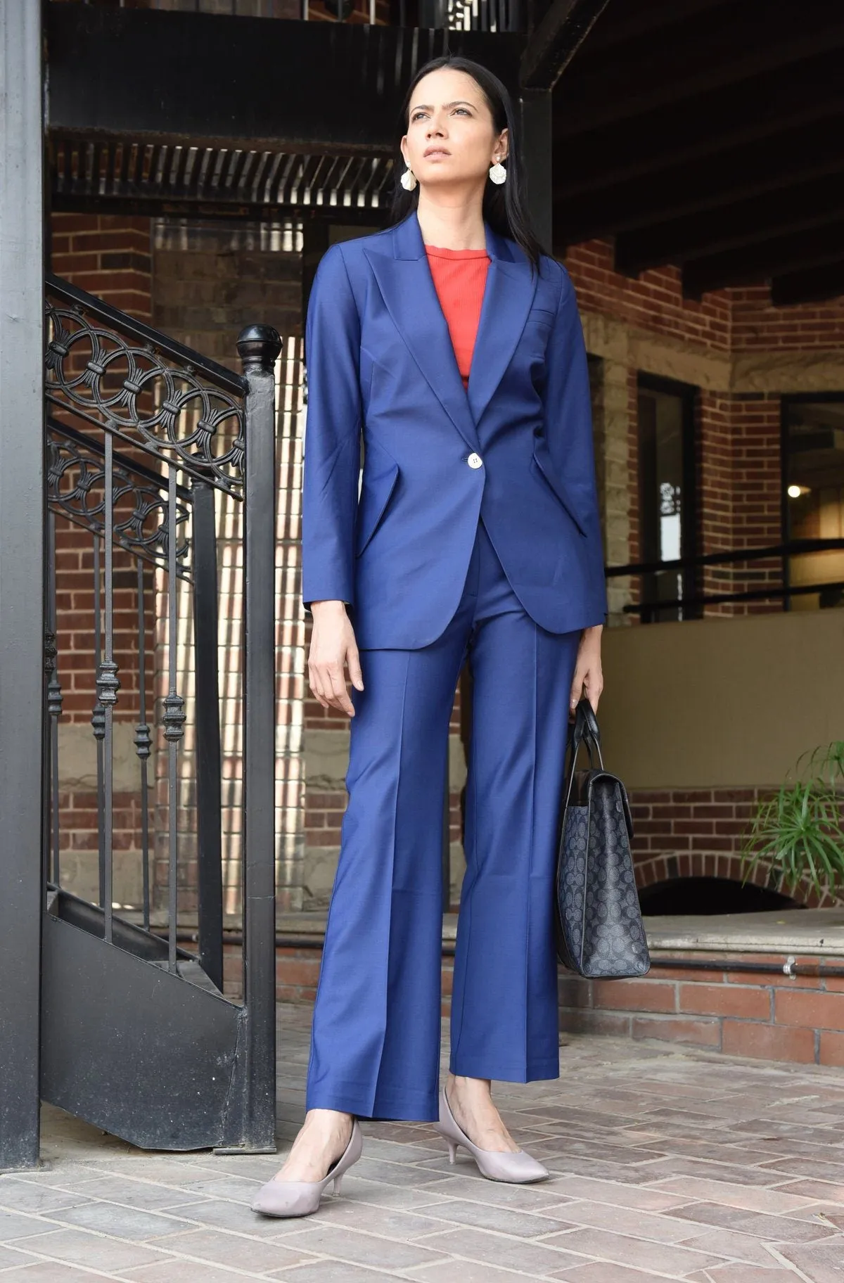 Blue Wide-Leg Stretch Wool Trousers