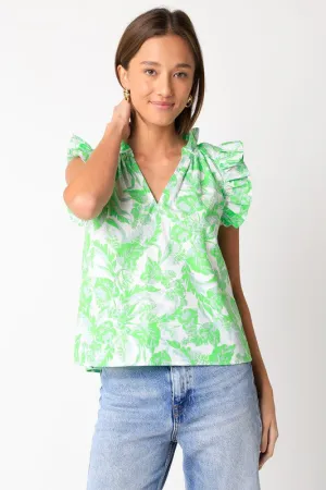 Bright Green Floral Ruffle Slv Top