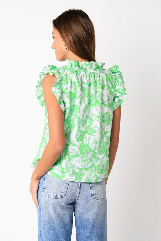 Bright Green Floral Ruffle Slv Top
