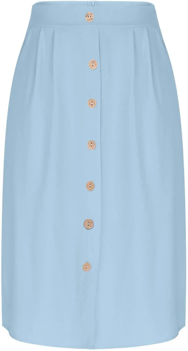 Button Down Skirt for Women Casual High Elastic Waist Pleated Linen A Line Skirts Summer Solid Swing Short Skirt