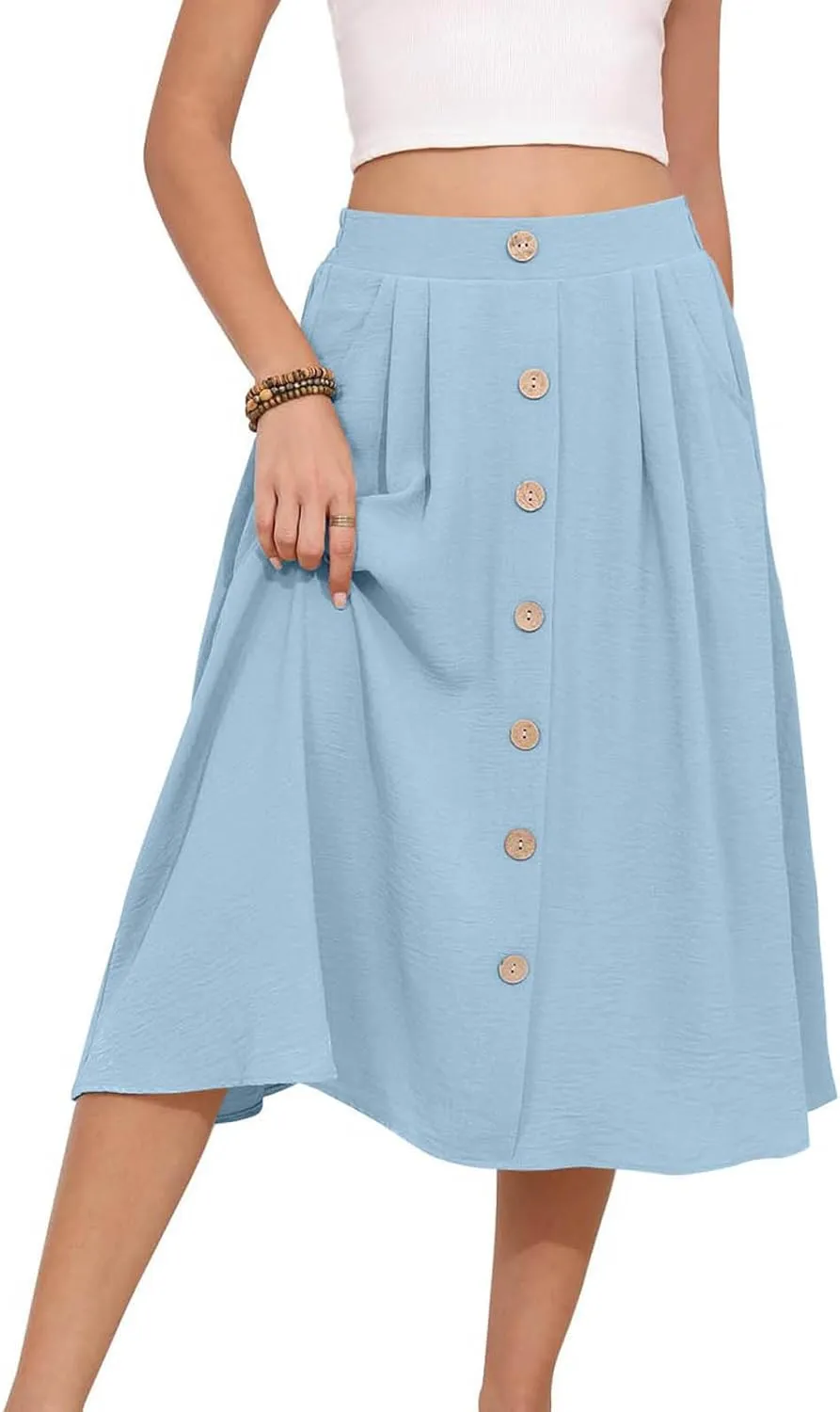 Button Down Skirt for Women Casual High Elastic Waist Pleated Linen A Line Skirts Summer Solid Swing Short Skirt