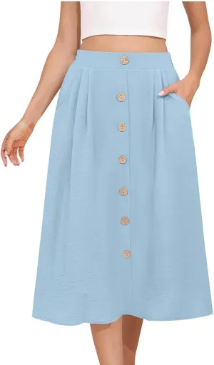 Button Down Skirt for Women Casual High Elastic Waist Pleated Linen A Line Skirts Summer Solid Swing Short Skirt