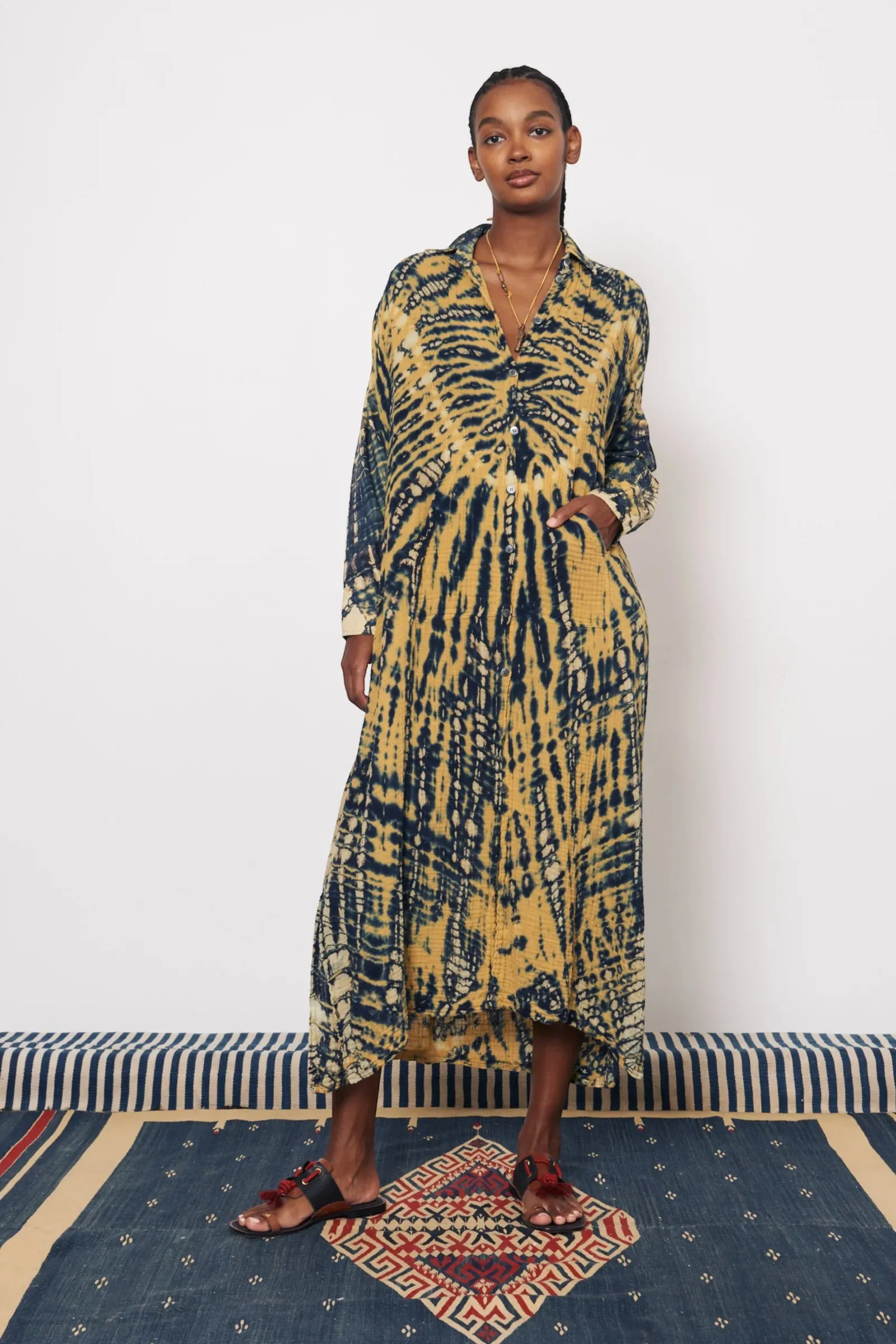 Caftan Shirt Duster | Yellow Navy