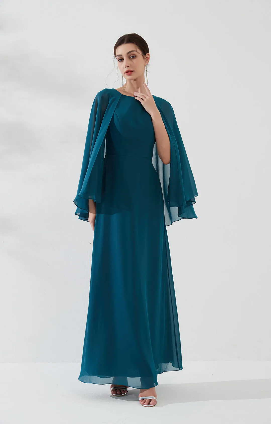Cape Sleeves Split Back Zipper Chiffon Evening Dress