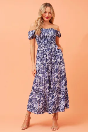 Caroline Morgan Shirred Bodice Maxi Blue White Pebble 10