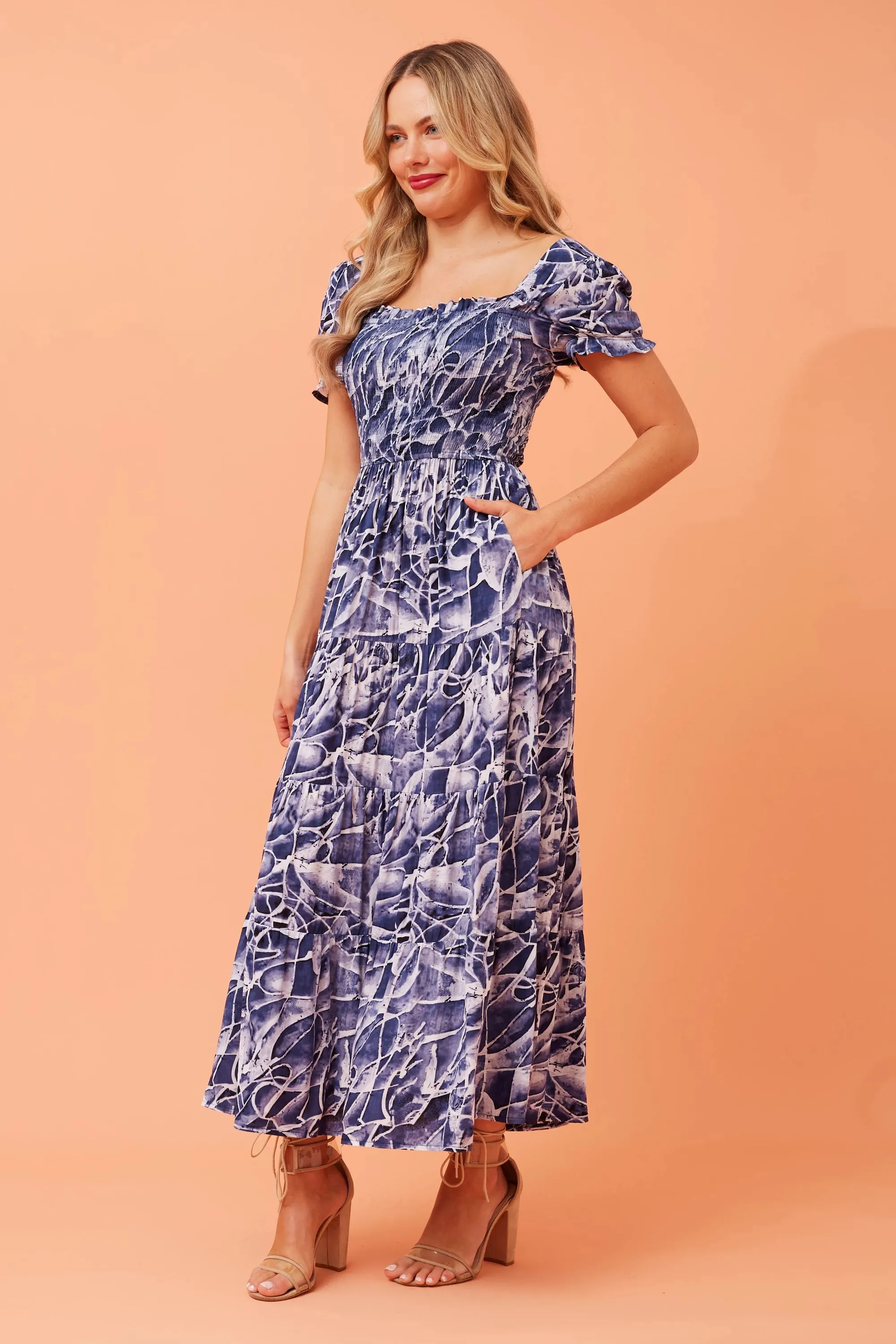 Caroline Morgan Shirred Bodice Maxi Blue White Pebble 10