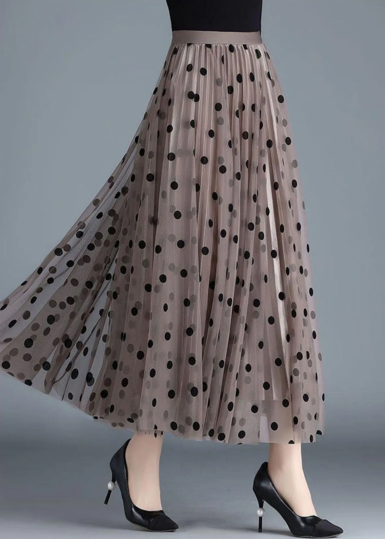 Chic Coffee Dot High Waist Tulle Pleated Skirt Spring