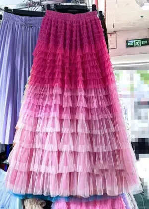 Chic Rose Gradient Color Wrinkled Elastic Waist Tulle Skirt Summer