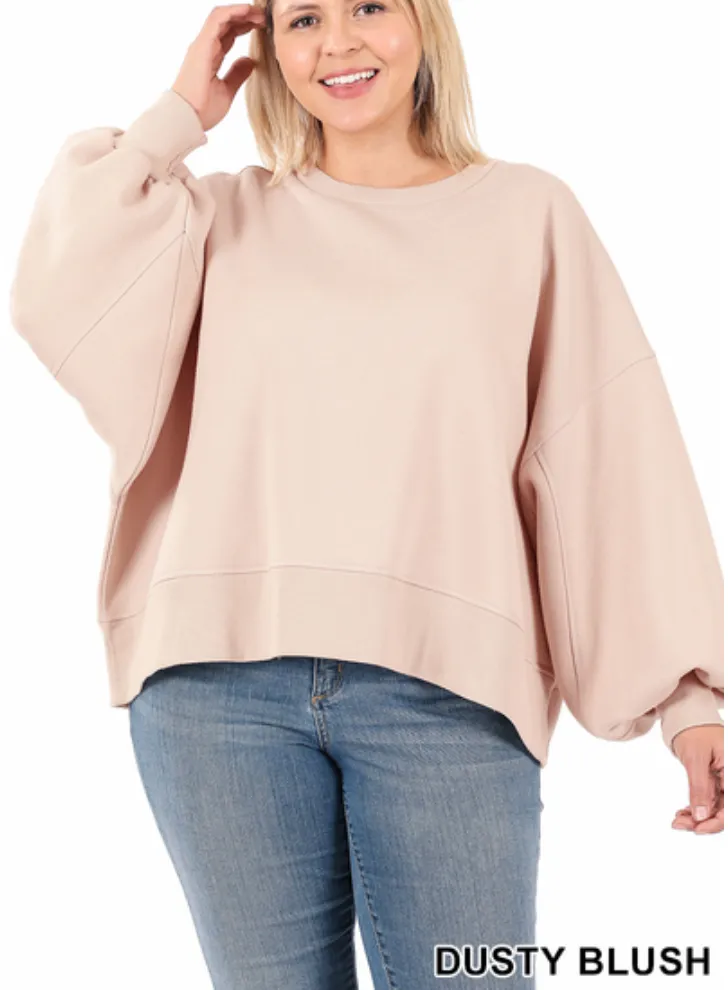 Curvy Dusty Blush Balloon Sleeve Sweatshirt