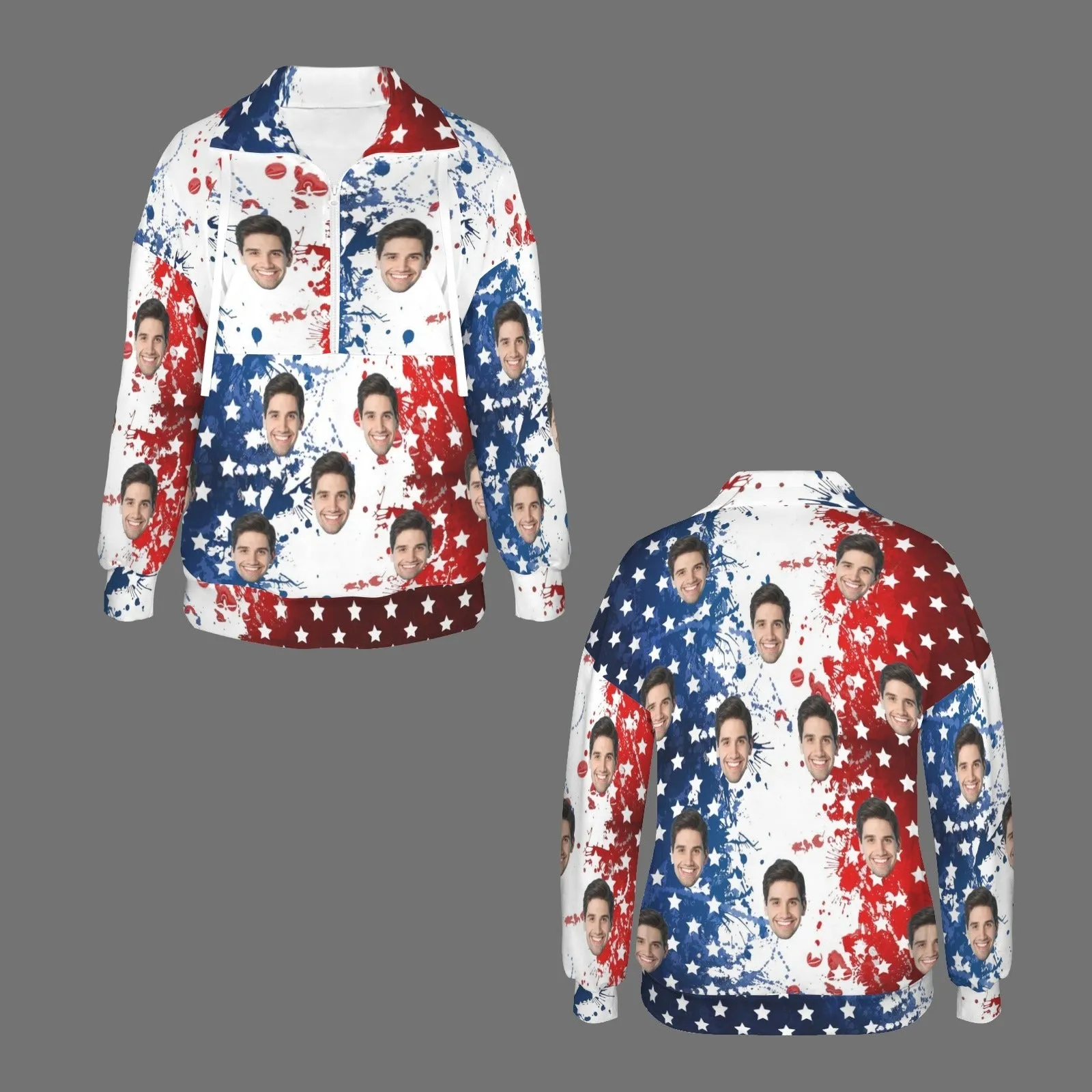 Custom Face USA Flag Women's Lapel Half Zip Pullover Drawstring Sweatshirts Fashion Outfits