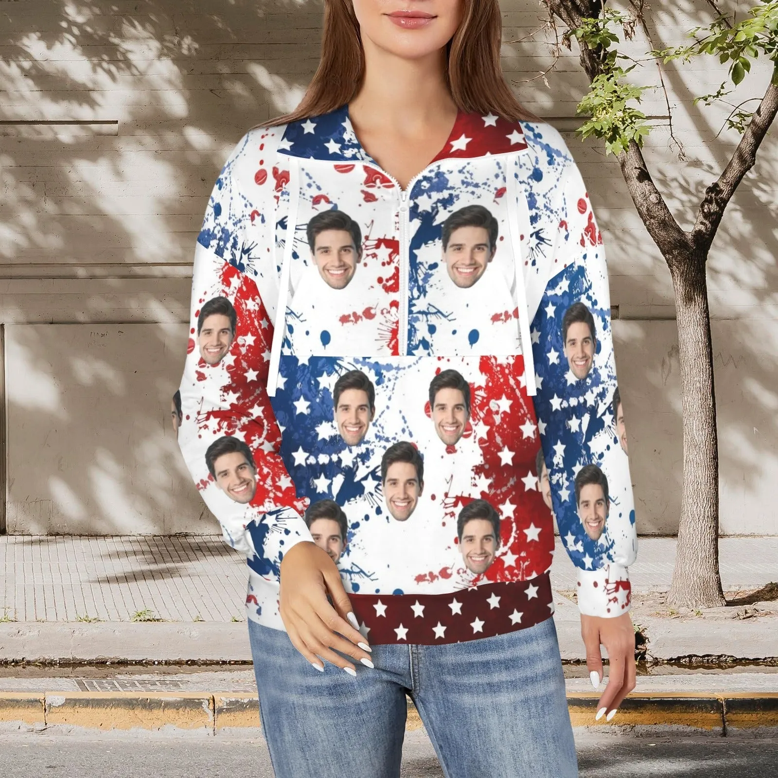 Custom Face USA Flag Women's Lapel Half Zip Pullover Drawstring Sweatshirts Fashion Outfits