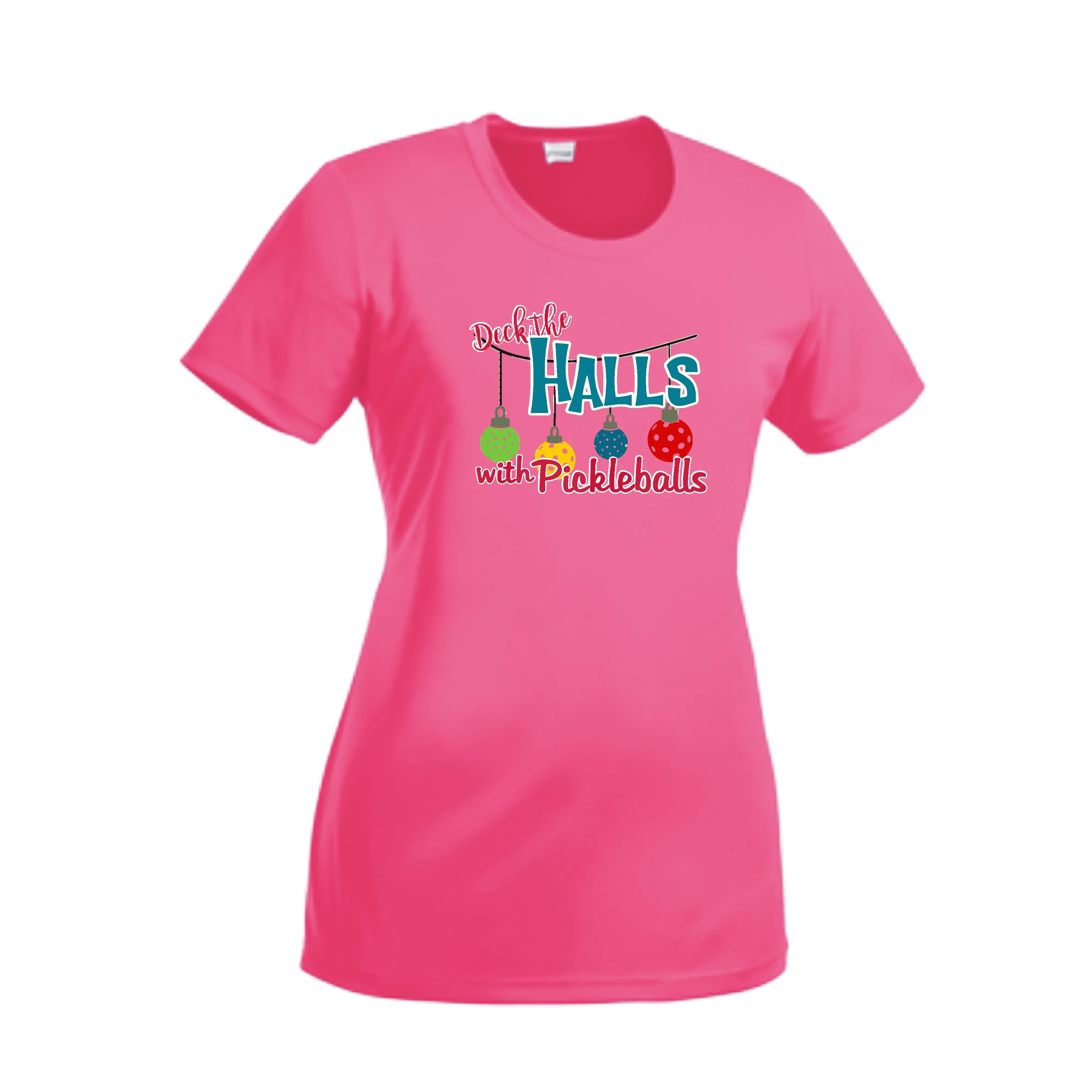 Deck the Halls with Pickleballs | Women’s Short Sleeve Crewneck Pickleball Shirts | 100% Polyester