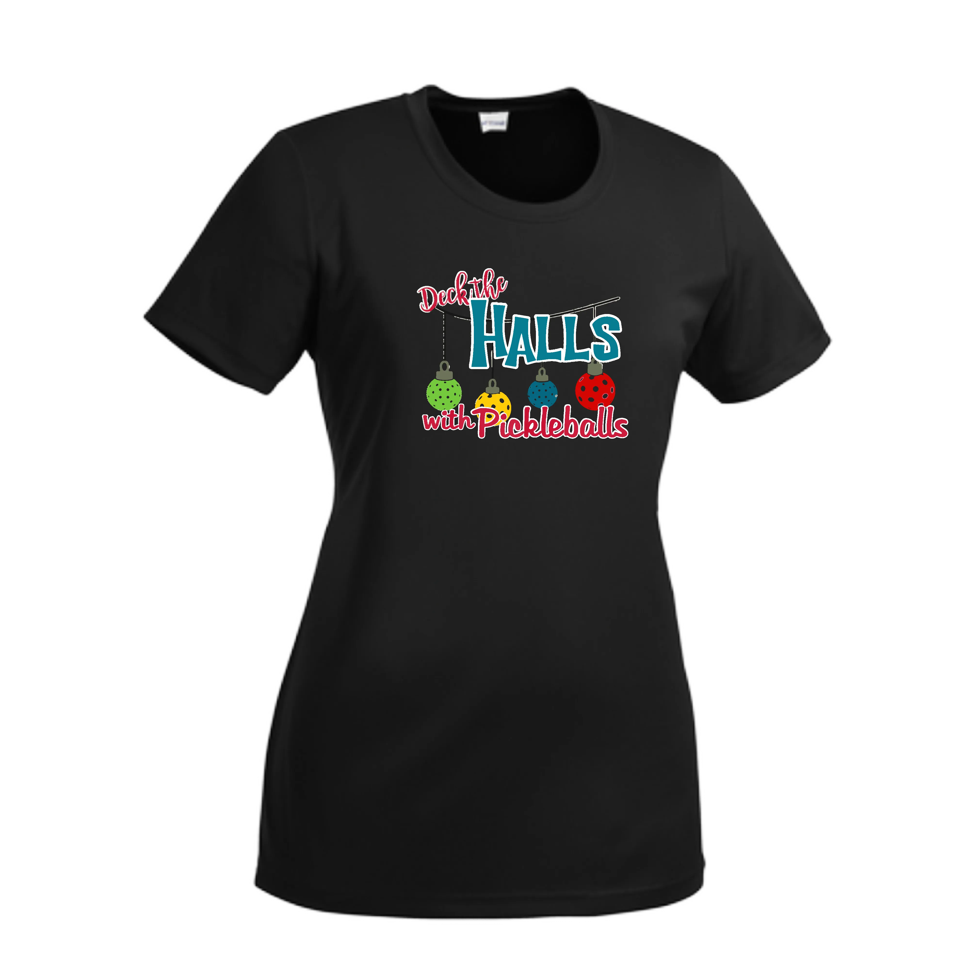 Deck the Halls with Pickleballs | Women’s Short Sleeve Crewneck Pickleball Shirts | 100% Polyester