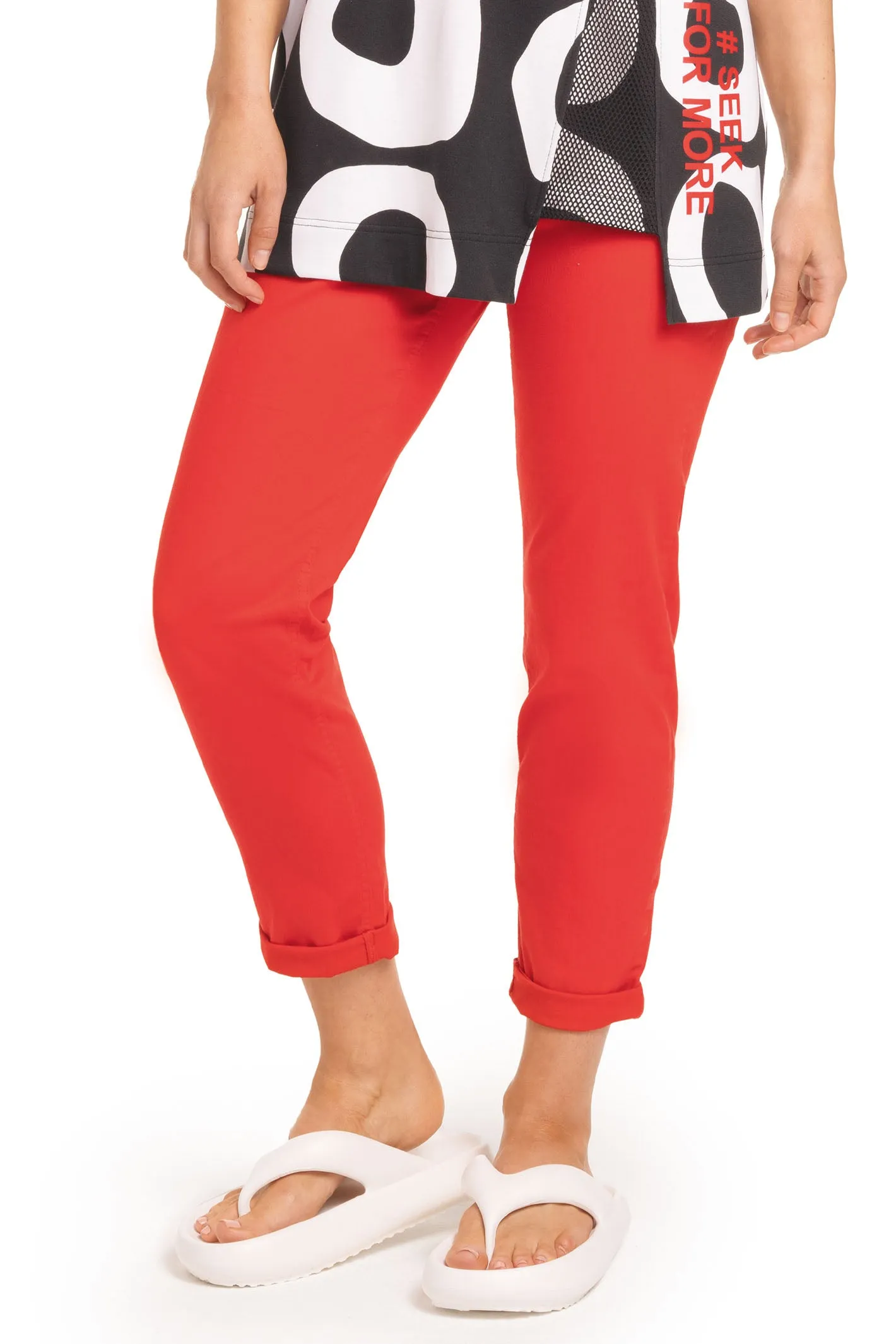 Doris Streich 807 196 32 Red Stretch Cotton Pull-On Turn Up Trousers