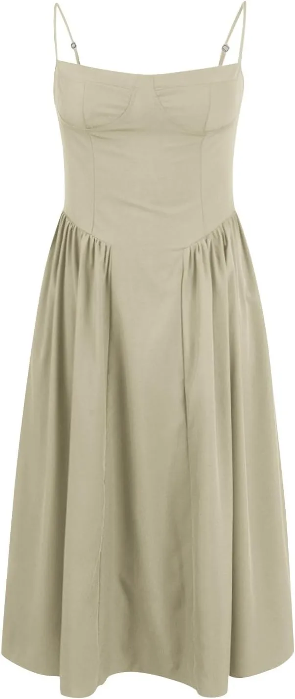 Dresses for Women Elegant Spaghetti Strap Midi Dress Pleated Low Cut Bustier Off Shoulder Dresses
