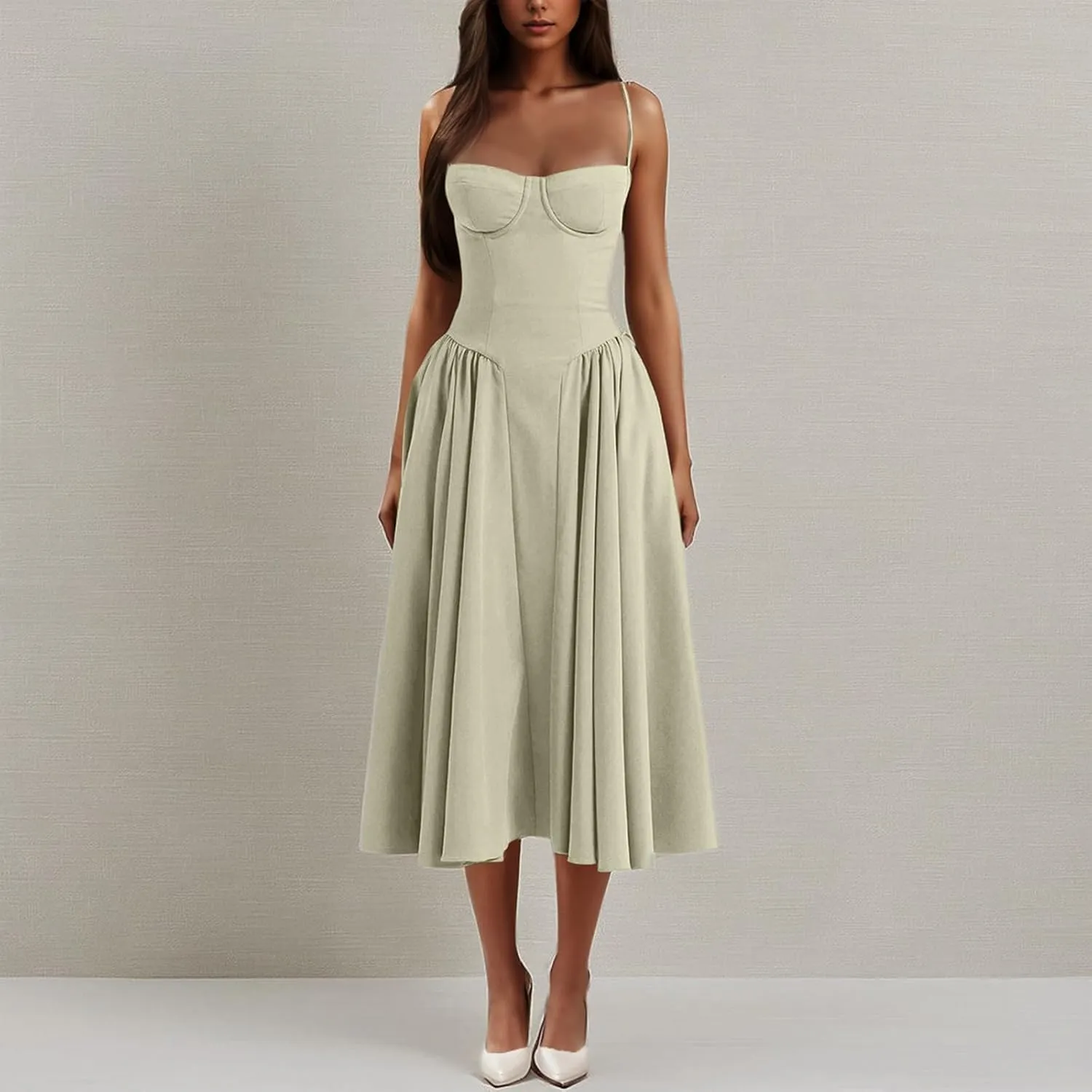 Dresses for Women Elegant Spaghetti Strap Midi Dress Pleated Low Cut Bustier Off Shoulder Dresses