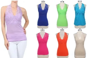 Floral Lace Backless Halter Top with Padding