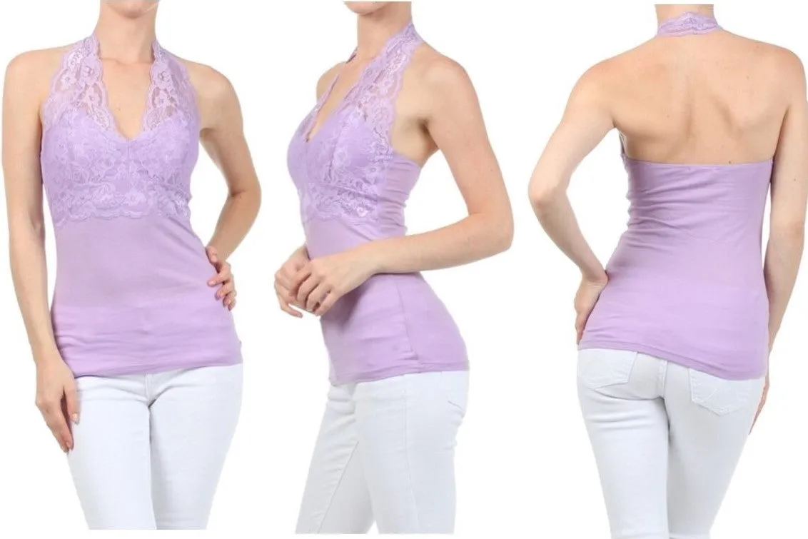 Floral Lace Backless Halter Top with Padding