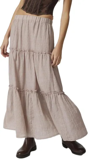 FOMOYUU Tiered Long Skirts for Women Elastic Waist Pleated Flowy A-Line Maxi Skirt Ruffle Swing Boho Summer Beach Skirt