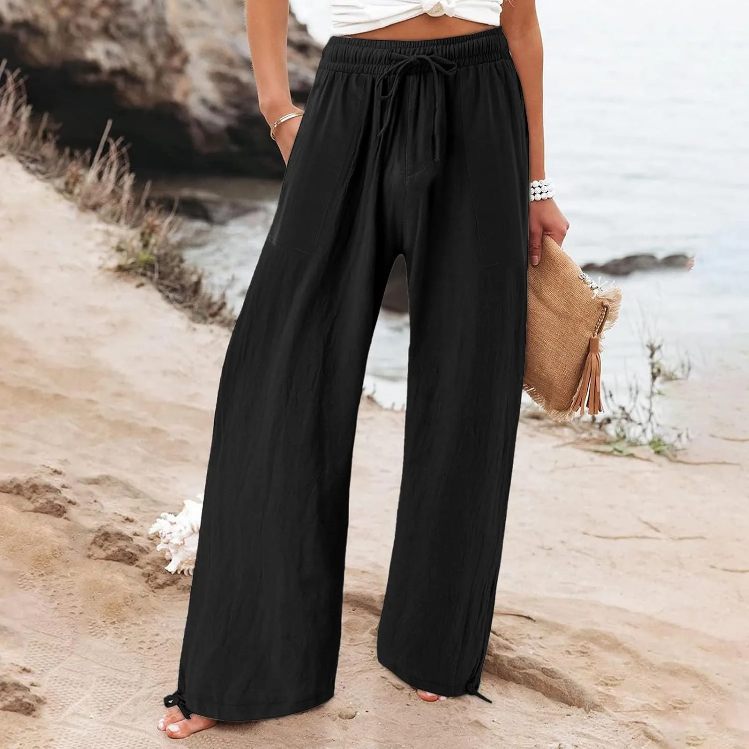 GIERIDUC Womens Linen Pants 2025 Summer Casual Loose Wide Leg Palazzo Pants Business Smocked High Waist Flowy Beach Trousers