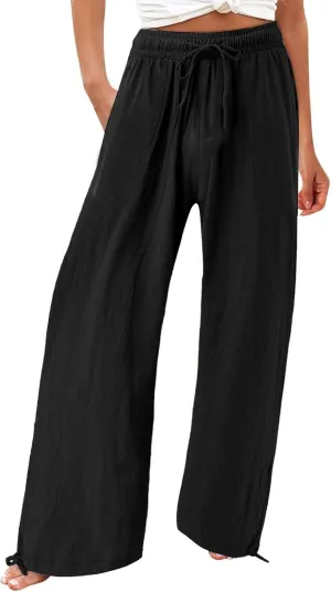 GIERIDUC Womens Linen Pants 2025 Summer Casual Loose Wide Leg Palazzo Pants Business Smocked High Waist Flowy Beach Trousers