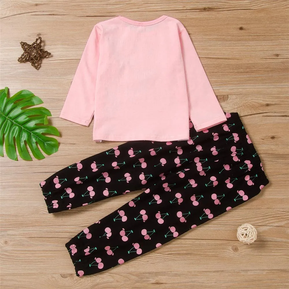 Girls Cherry Letter Printed Long Sleeve Top & Trousers Wholesale Girl Clothing