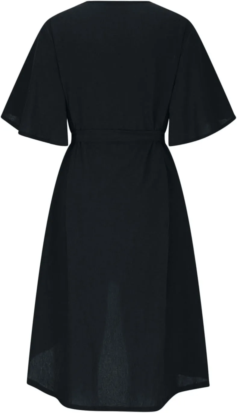 hlysgo Summer Dresses for Women Casual Loose Comfy Short Sleeve Beach Vacation Dress High-Low Hem V Neck Shirt Mini Dress