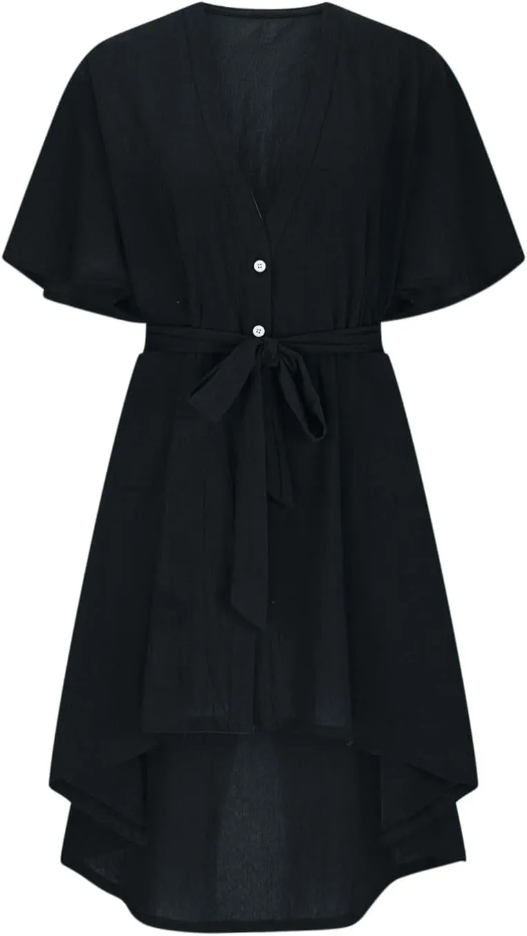 hlysgo Summer Dresses for Women Casual Loose Comfy Short Sleeve Beach Vacation Dress High-Low Hem V Neck Shirt Mini Dress