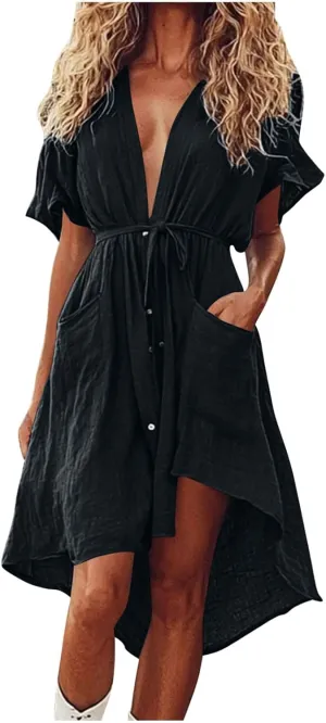 hlysgo Summer Dresses for Women Casual Loose Comfy Short Sleeve Beach Vacation Dress High-Low Hem V Neck Shirt Mini Dress