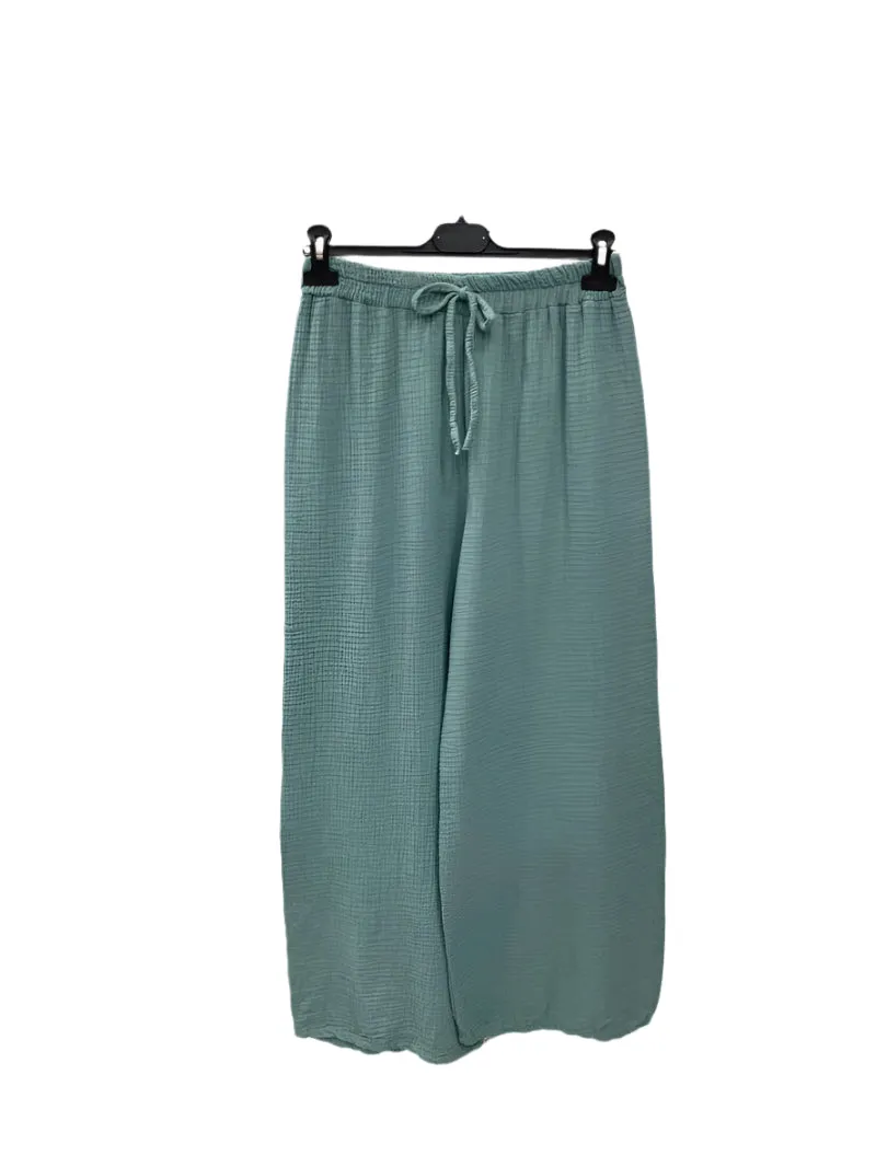 Italian Plain Cotton Gauze Trousers Elasticated Waist One Size