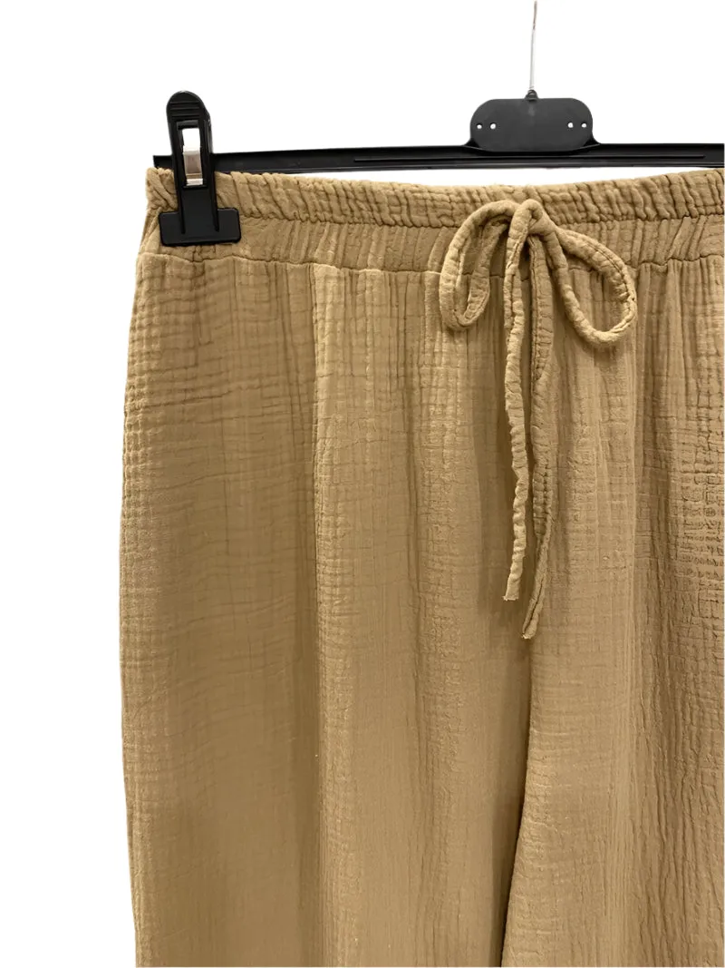 Italian Plain Cotton Gauze Trousers Elasticated Waist One Size