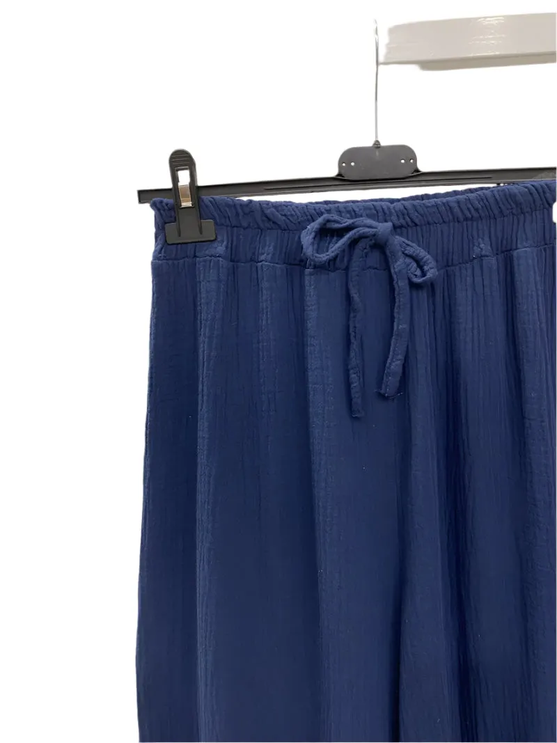Italian Plain Cotton Gauze Trousers Elasticated Waist One Size