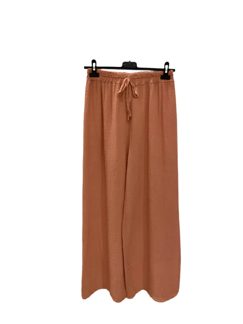 Italian Plain Cotton Gauze Trousers Elasticated Waist One Size