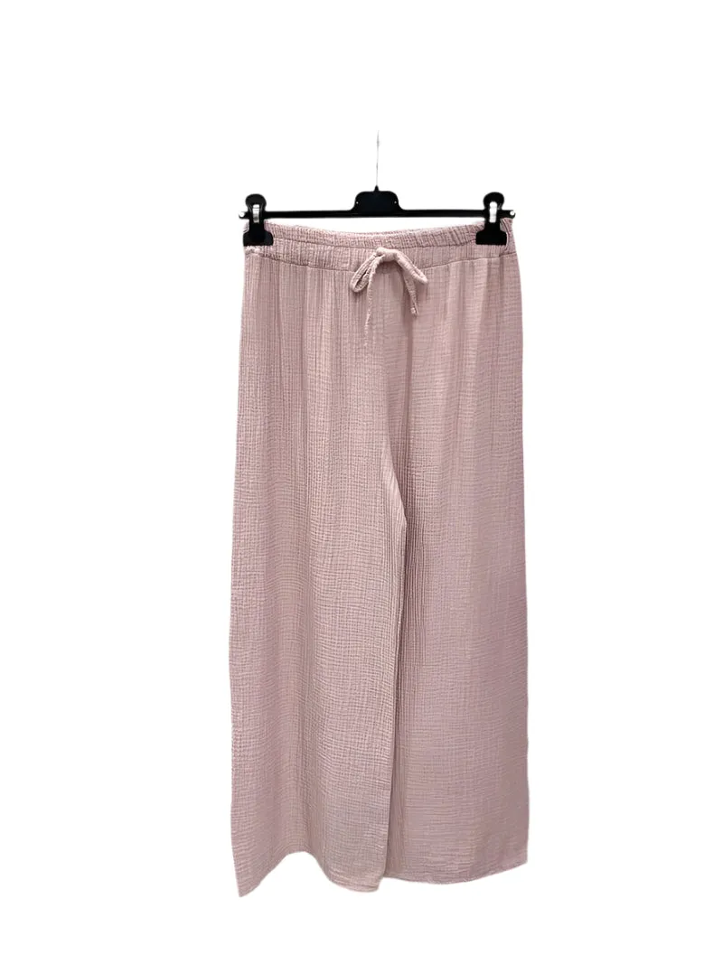 Italian Plain Cotton Gauze Trousers Elasticated Waist One Size