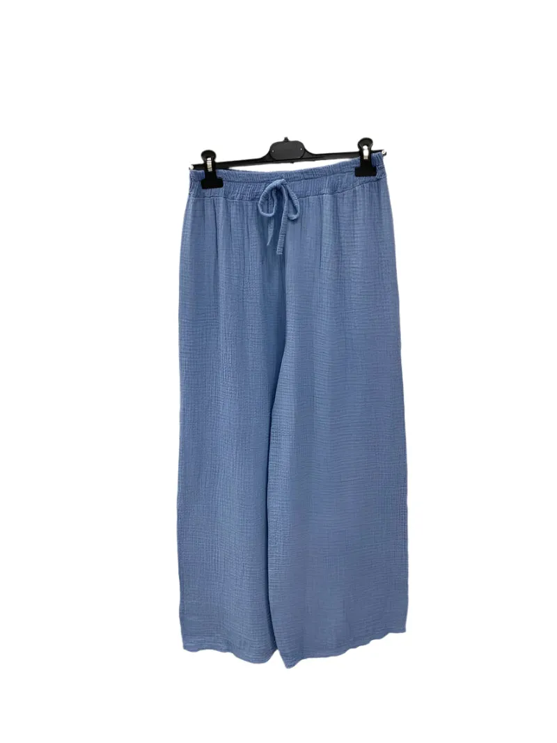 Italian Plain Cotton Gauze Trousers Elasticated Waist One Size