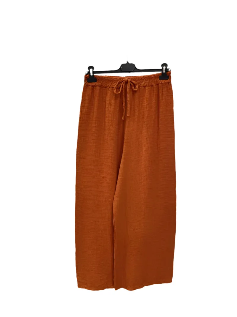 Italian Plain Cotton Gauze Trousers Elasticated Waist One Size