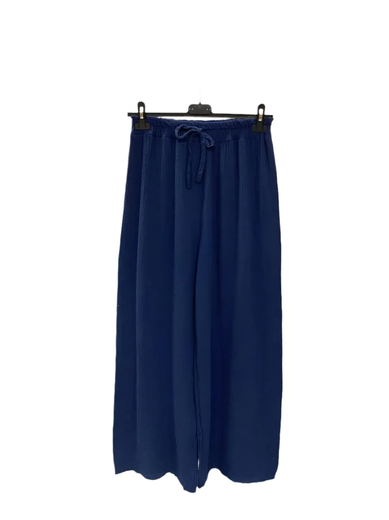 Italian Plain Cotton Gauze Trousers Elasticated Waist One Size