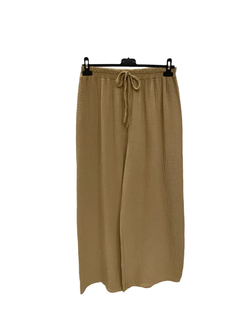 Italian Plain Cotton Gauze Trousers Elasticated Waist One Size