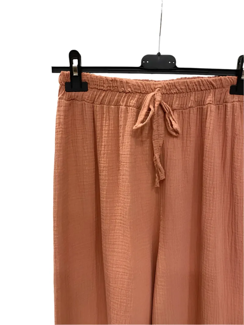 Italian Plain Cotton Gauze Trousers Elasticated Waist One Size