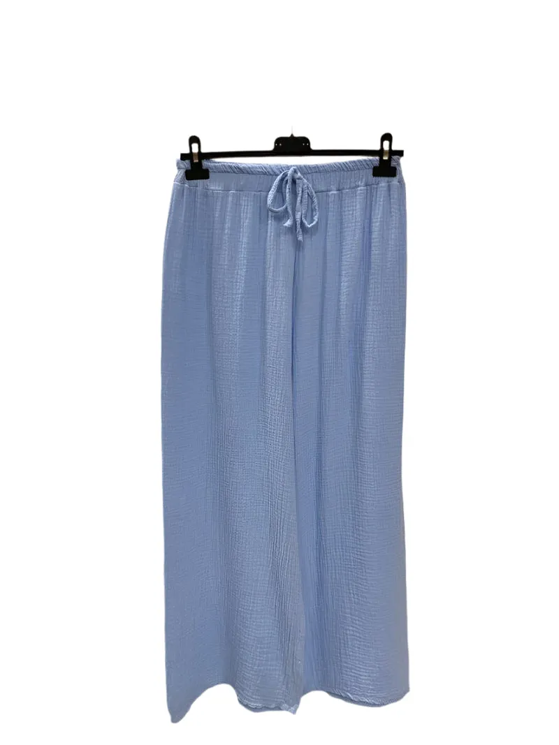 Italian Plain Cotton Gauze Trousers Elasticated Waist One Size