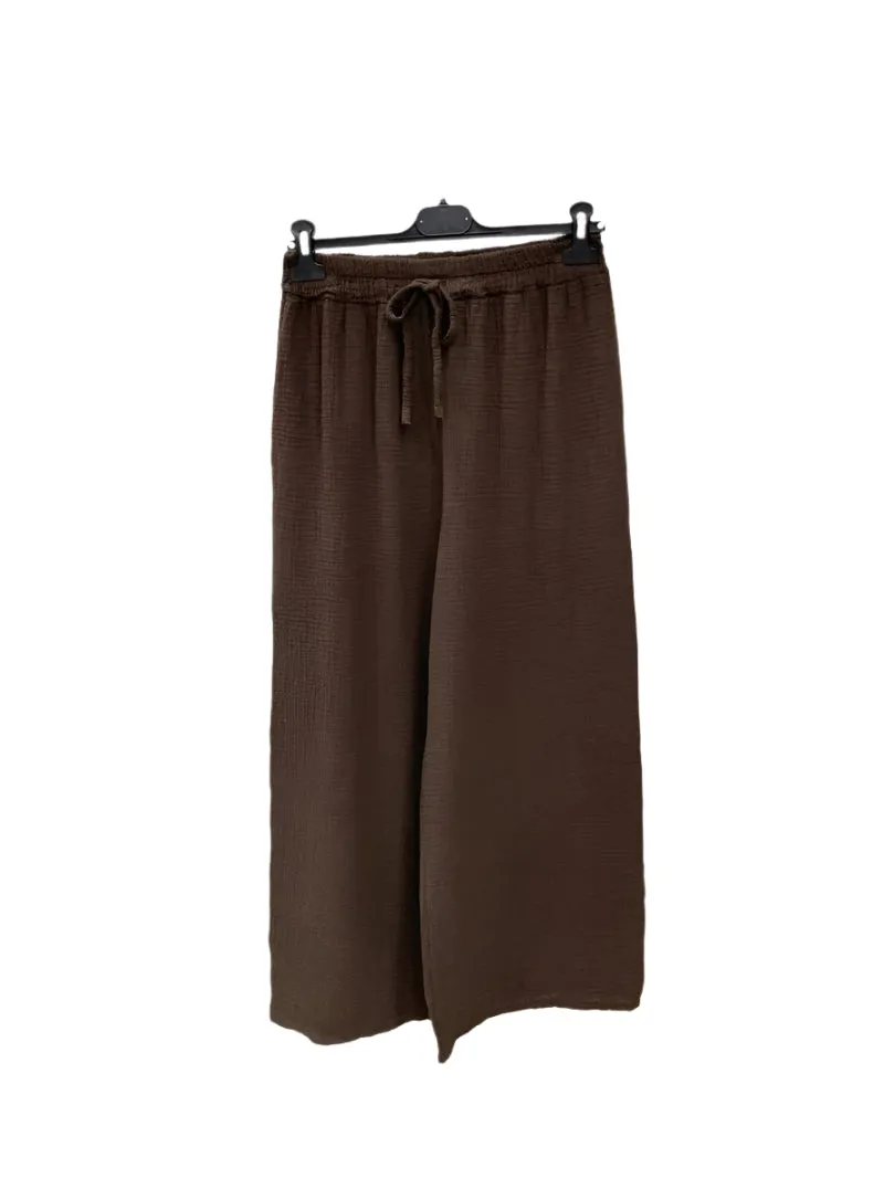 Italian Plain Cotton Gauze Trousers Elasticated Waist One Size